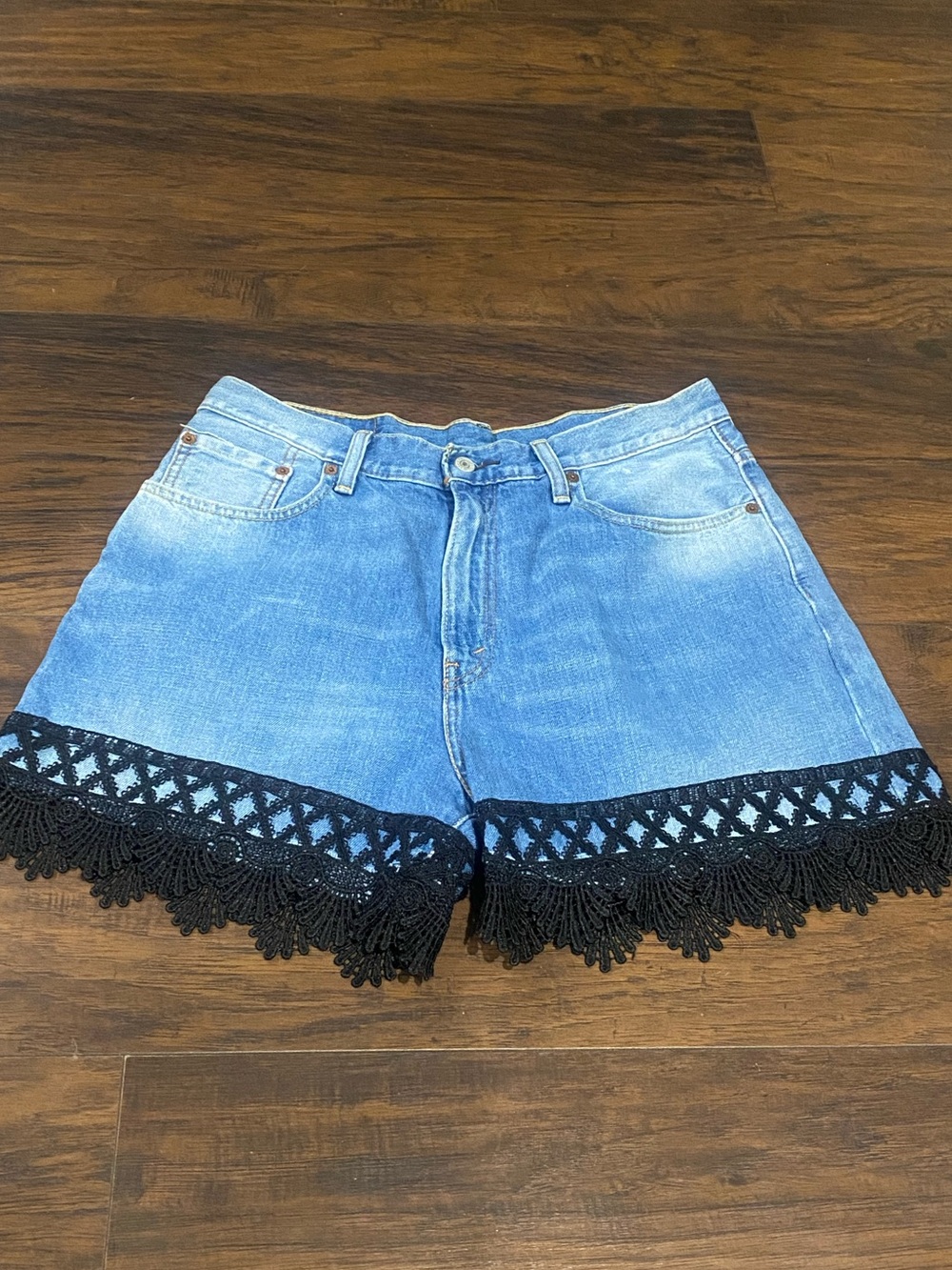 Levi's Blue Denim Shorts with Black Crochet Trim